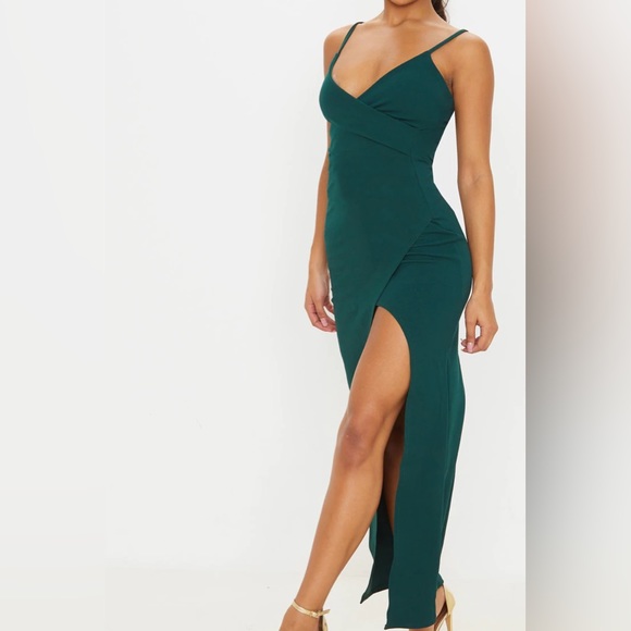 Pretty Little Thing Emerald Green Wrap Front Crepe Maxi Dress - Picture 3 of 5